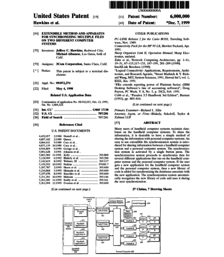 First page of Patent 6,000,000, an Extendible Method and Apparatus for Synchronizing Multiple Files on Different Computers