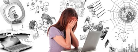 Stressed woman sits at computer, surrounded by images of 21st century life