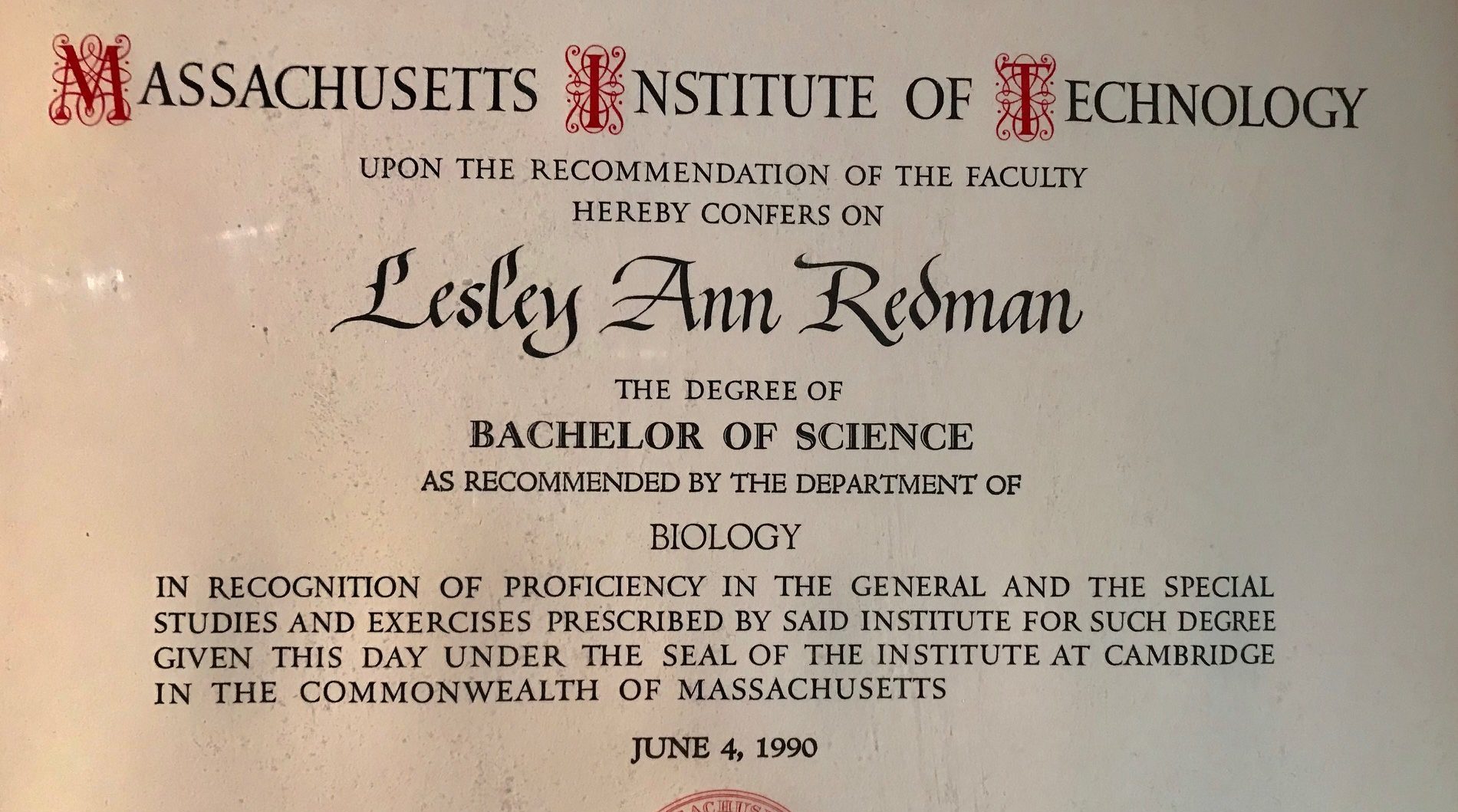 MIT Diploma for Lesley Wallerstein (nee Redman) receiving a Bachelor of Science in Biology